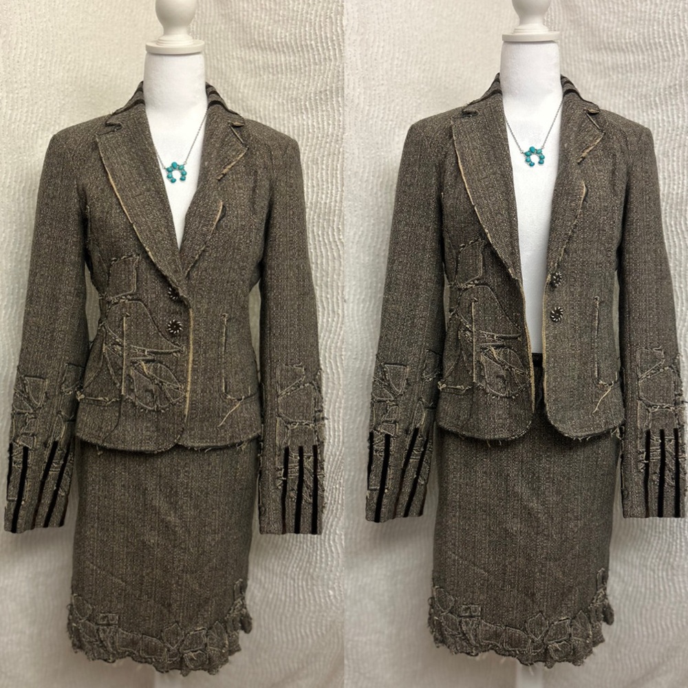 David Bitton Matching Tweed Blazer Skirt Set Size L/8 Wool Silk Boho Chic